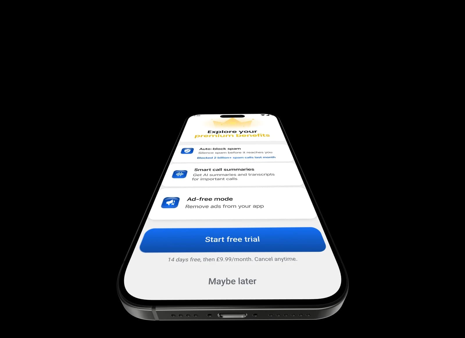 Truecaller’s new Premium paywall on a phone, with the Start free trial button